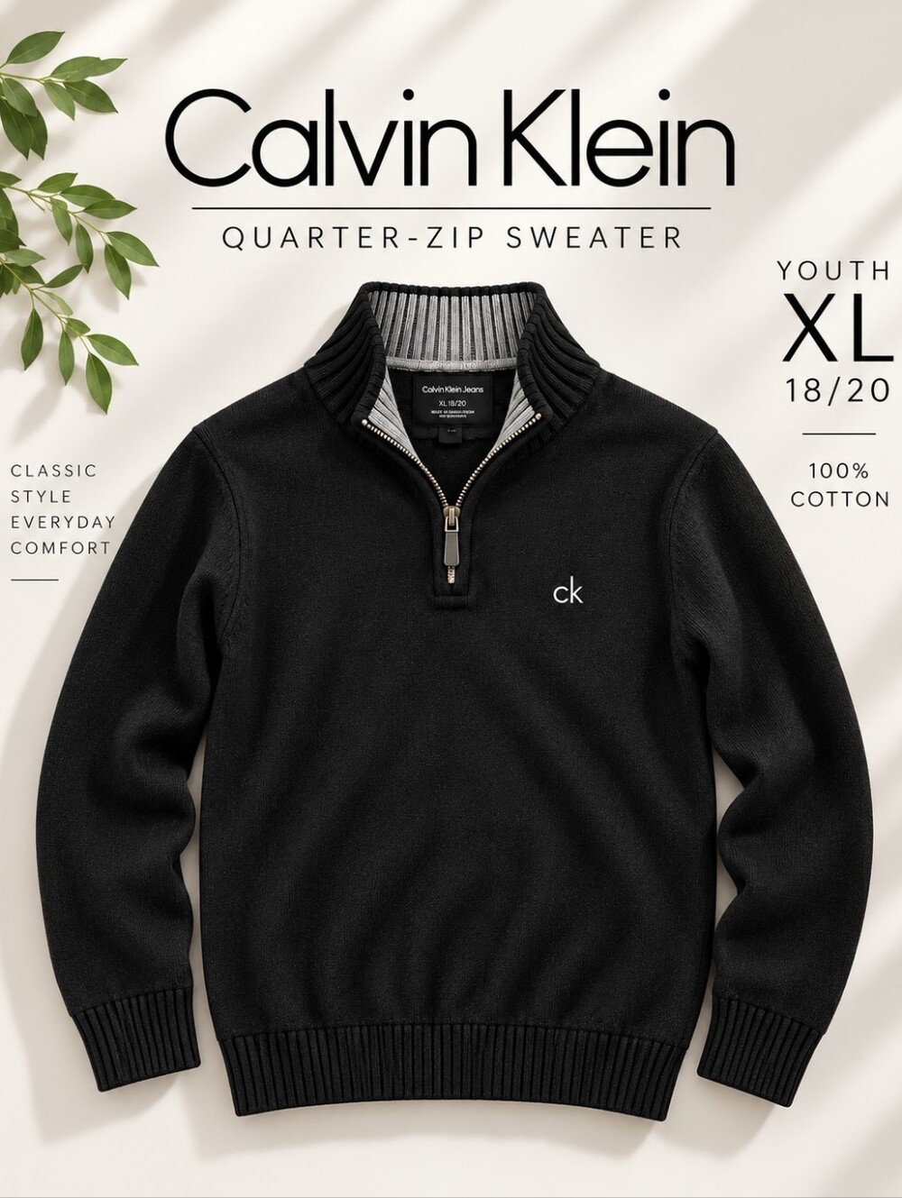 Calvin Klein Jeans Youth XL 18/20 Black Cotton Quarter Zip Sweater